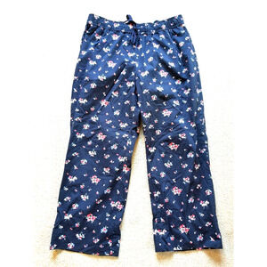Womens Pants-L L BEAN-navy floral cotton pullon drawstring cropped Cottagecore-L